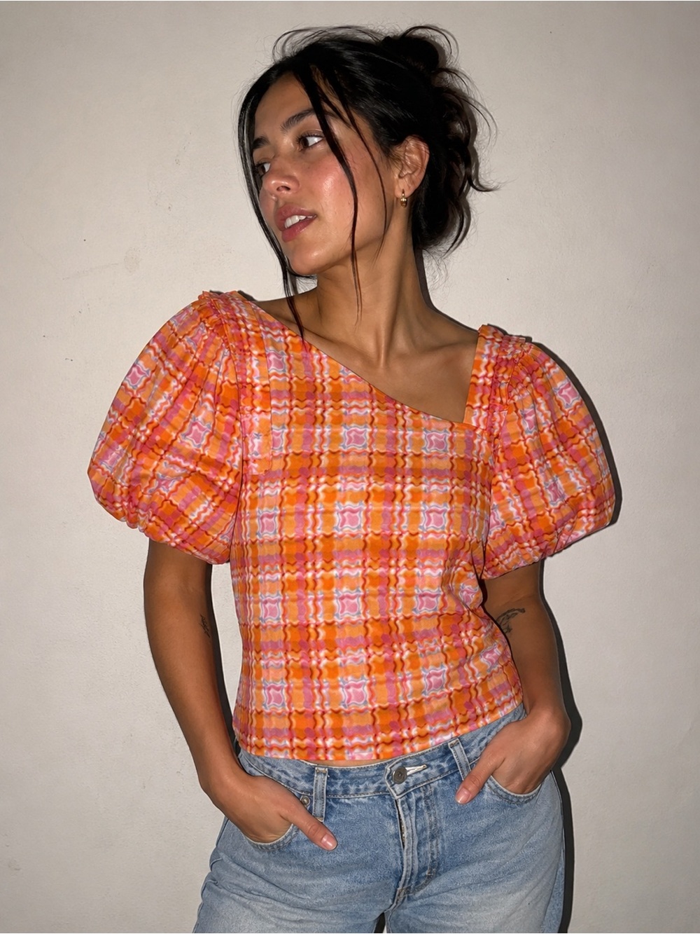 Alden Adair Layla Retro Plaid Puff Sleeve Top Orange Pink XS NWT
